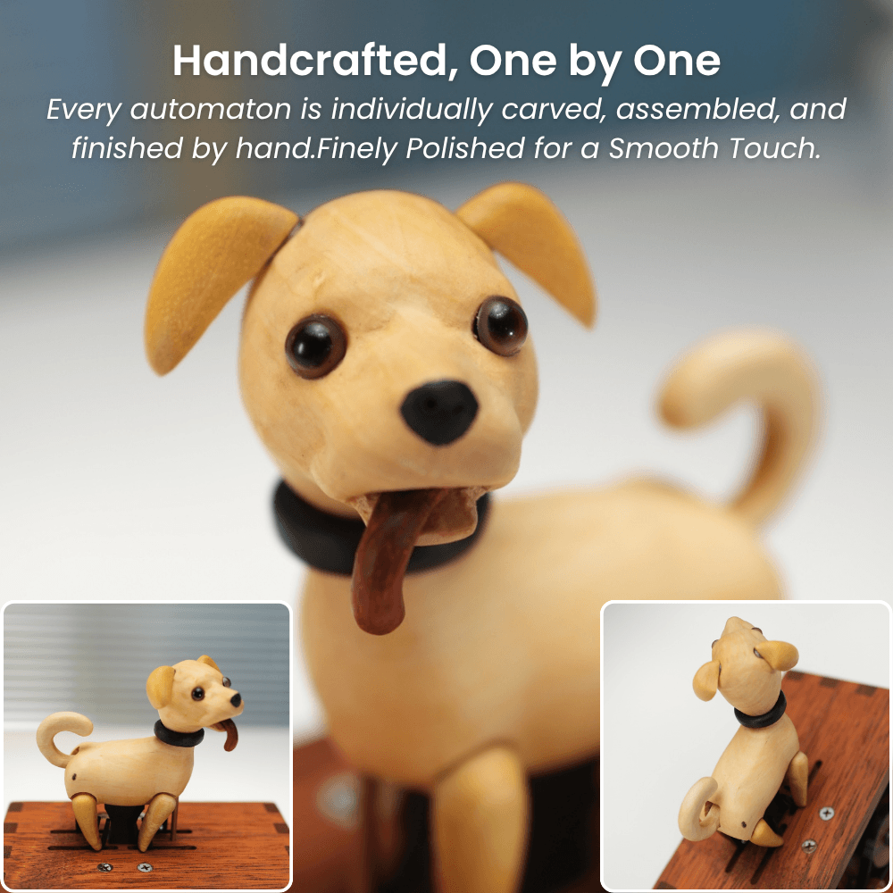 Handcrafted Wooden Dog Crank Automaton — handcrafted wooden automaton