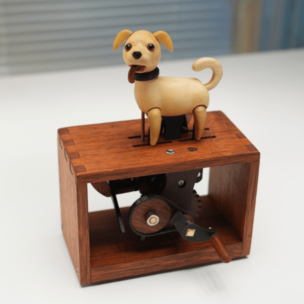 Handcrafted Wooden Dog Crank Automaton — handcrafted wooden automaton