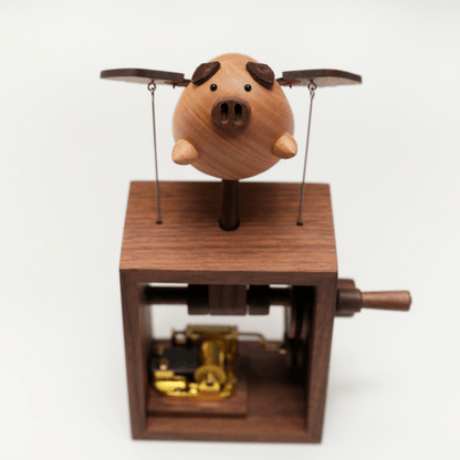 Handcrafted Wooden Angel Pig Music Box Automaton — handcrafted wooden automaton
