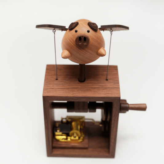 Handcrafted Wooden Angel Pig Music Box Automaton — handcrafted wooden automaton