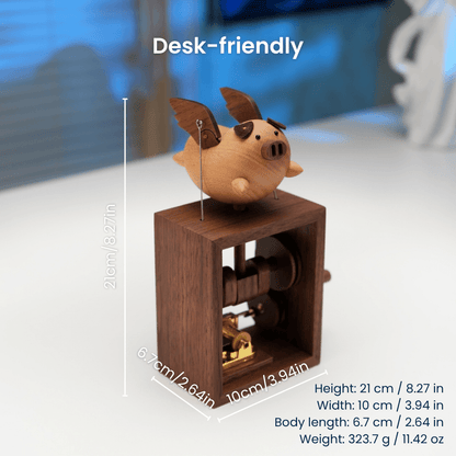 Handcrafted Wooden Angel Pig Music Box Automaton — handcrafted wooden automaton
