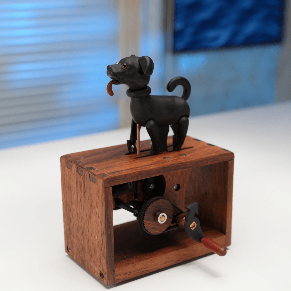 Handcrafted Wooden Dog Crank Automaton — handcrafted wooden automaton