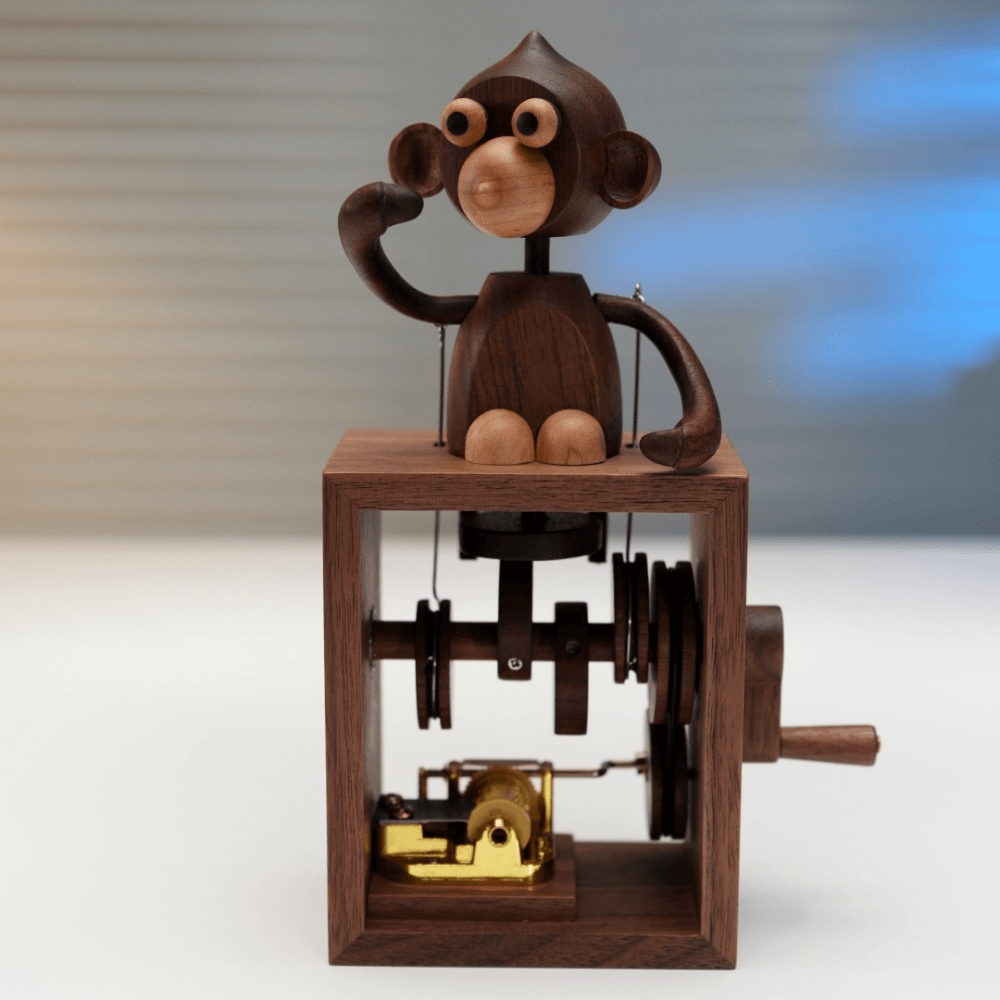 Handcrafted Wooden Monkey Music Box Automaton — handcrafted wooden automaton