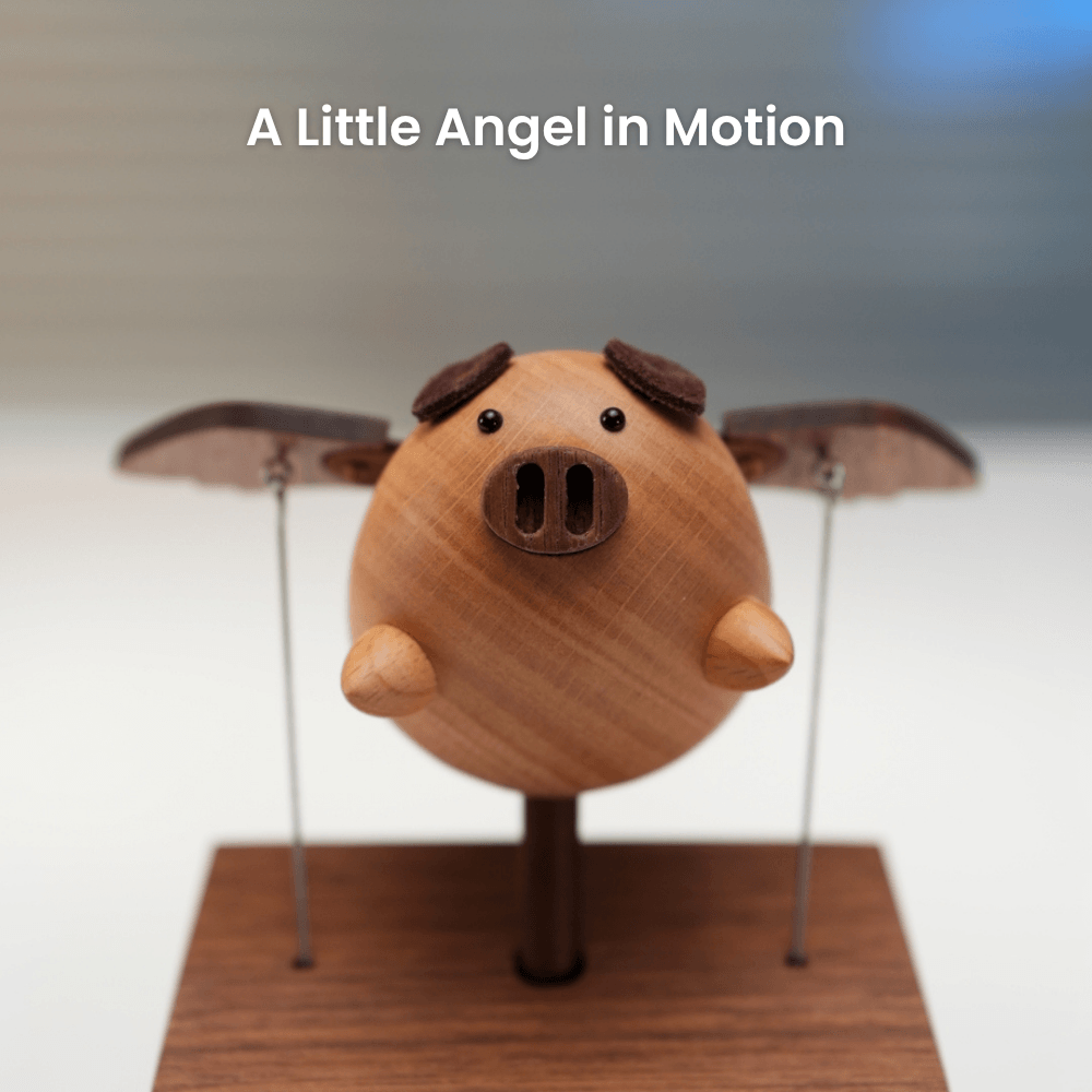 Handcrafted Wooden Angel Pig Music Box Automaton — handcrafted wooden automaton