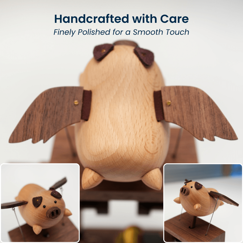 Handcrafted Wooden Angel Pig Music Box Automaton — handcrafted wooden automaton